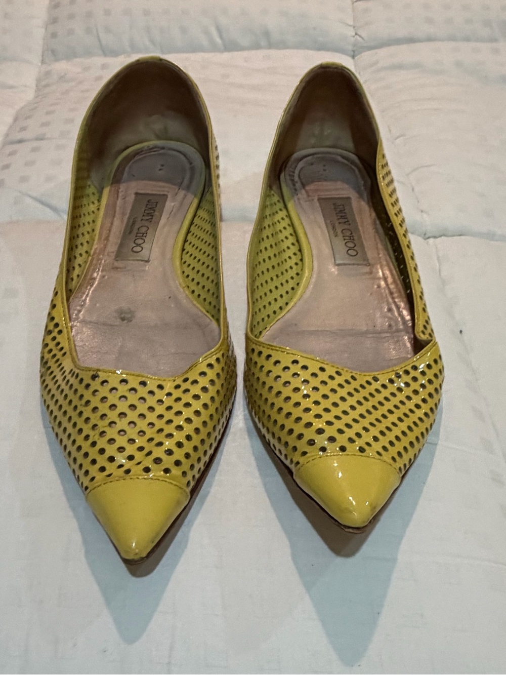 Jimmy Choo Yellow Perforated Pointed-Toe patent leather Flats